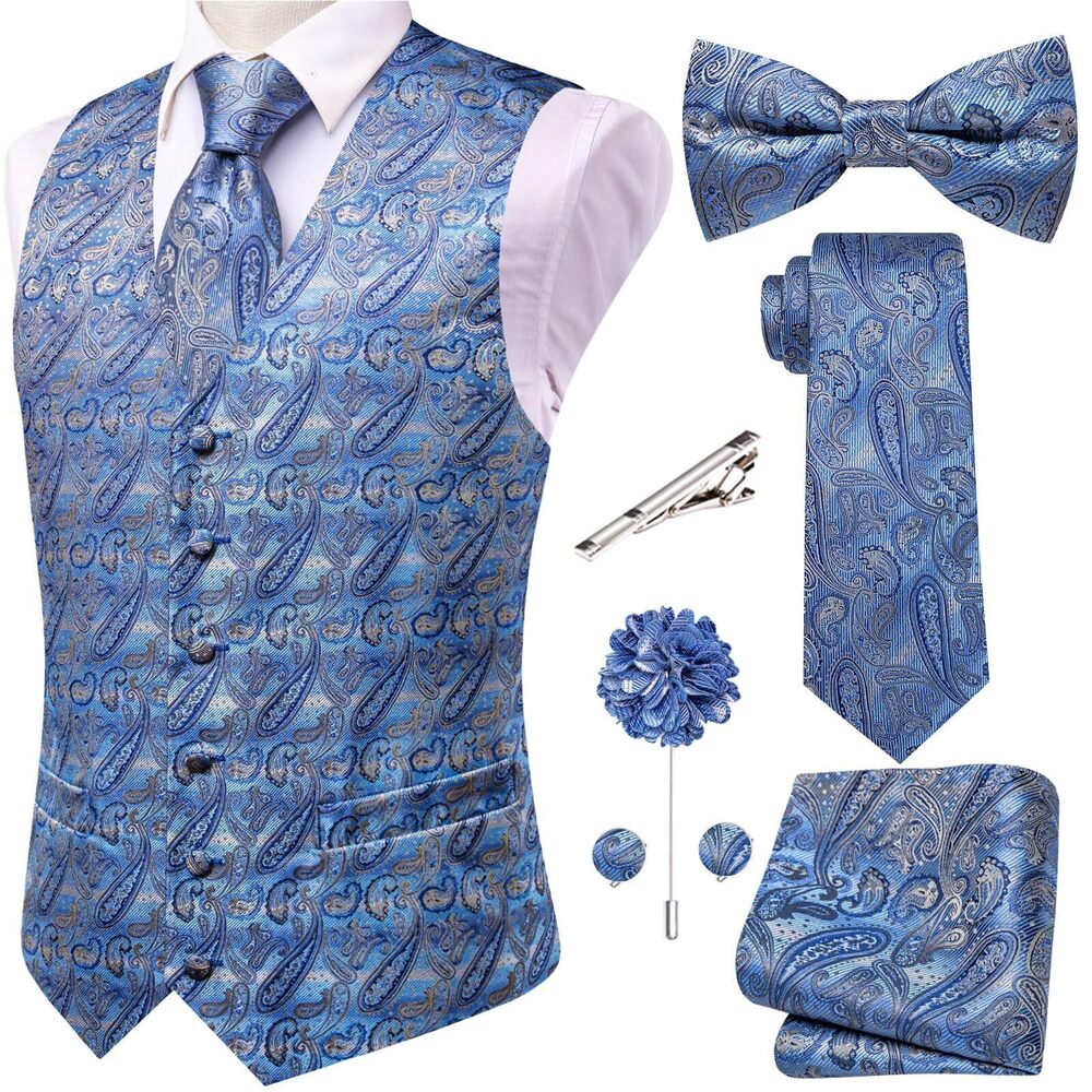 2358 Paisley Denim Blue Silk Vest Bowtie Set Formal Suit Vest Jacquard Tie